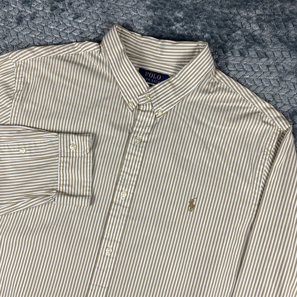 Polo Ralph Lauren Button Down Shirt Mens XXL Tan Striped Stretch Long Sleeve
